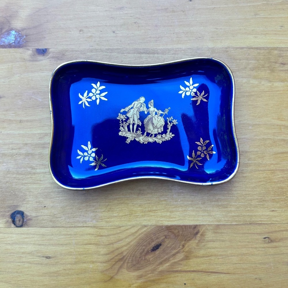 Vintage Porcelain Trinket Dish Cobalt Blue 24k Gold Fragonard Small Tray Limoges